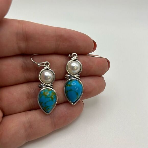 Small Dainty Faux Blue Turquoise & Faux Pearl Teardrop Dangle Earrings - Picture 3 of 8